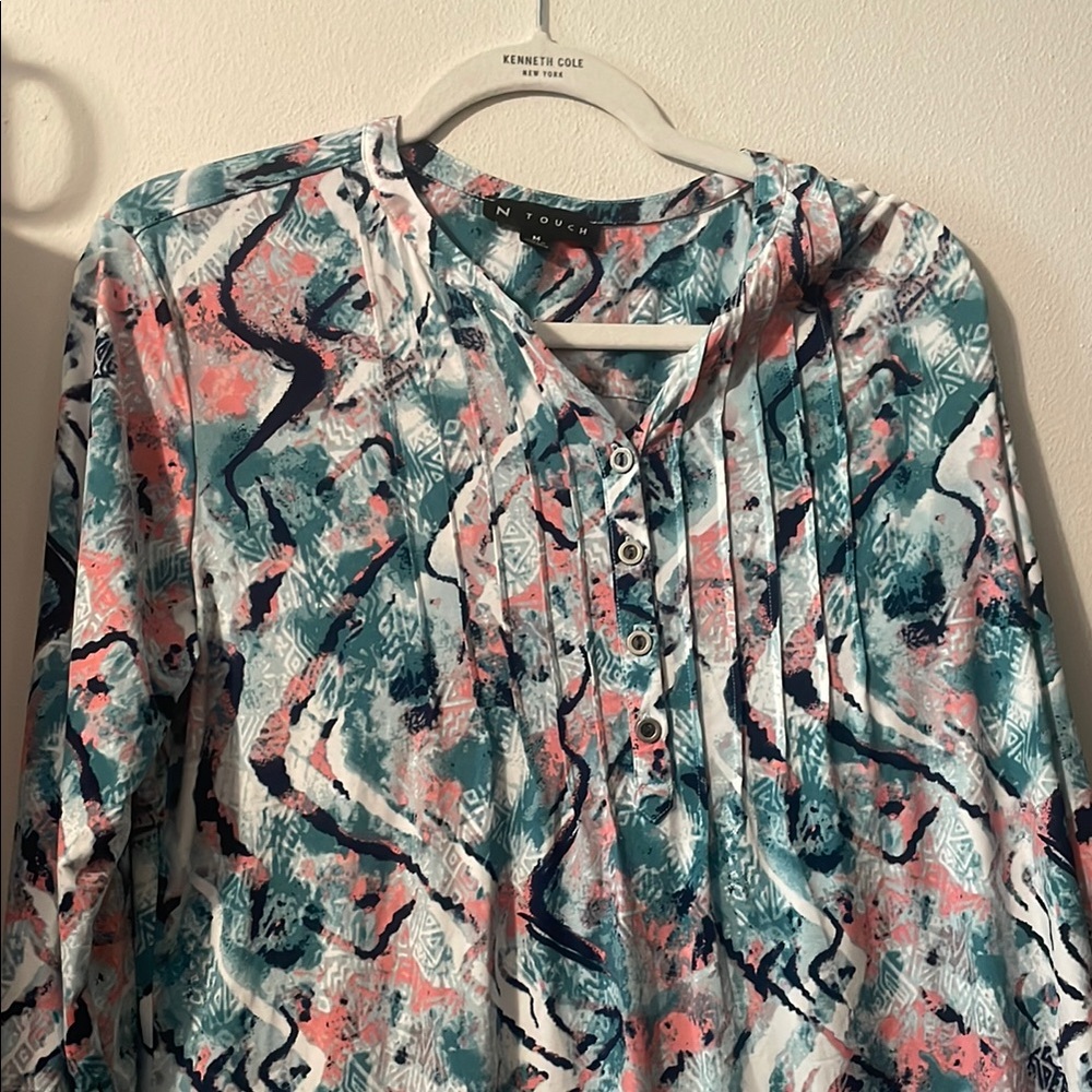Kenneth Cole Blue and Pink Pleated Blouse with Mandarin Collar